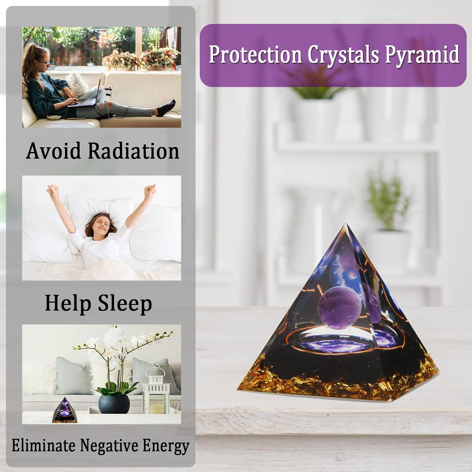 Orgonite Pyramid Amethyst Peridot Healing Crystal Energy Orgone EMF Protection