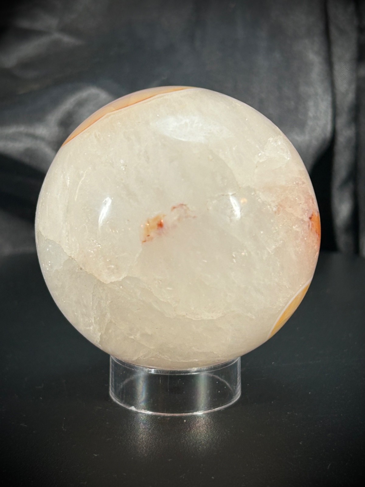 2.6″ Carnelian And Quartz Sphere With Acrylic Stand 14.3oz (405 grams)