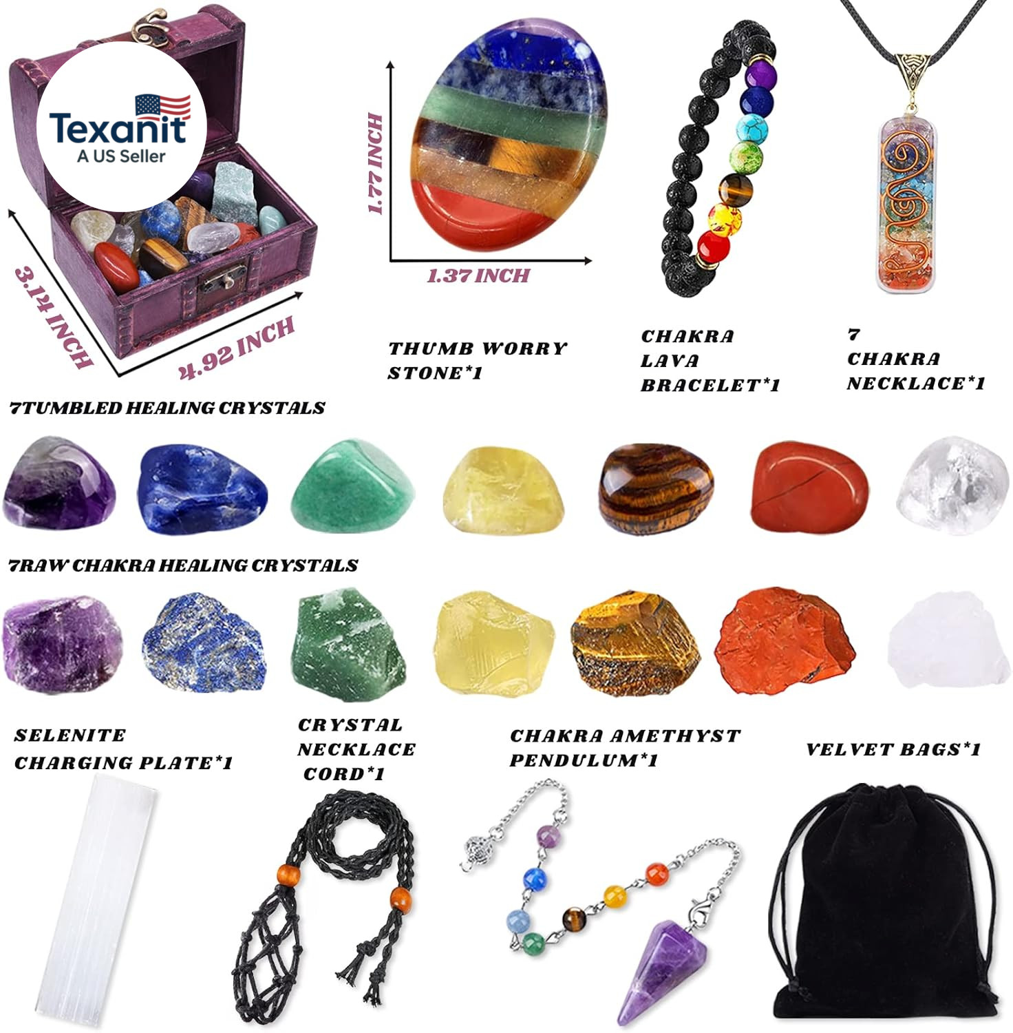 22Pcs Healing Crystals Set, Chakra Quartz Kits in Wooden Box (7 Raw and 7 Tumble