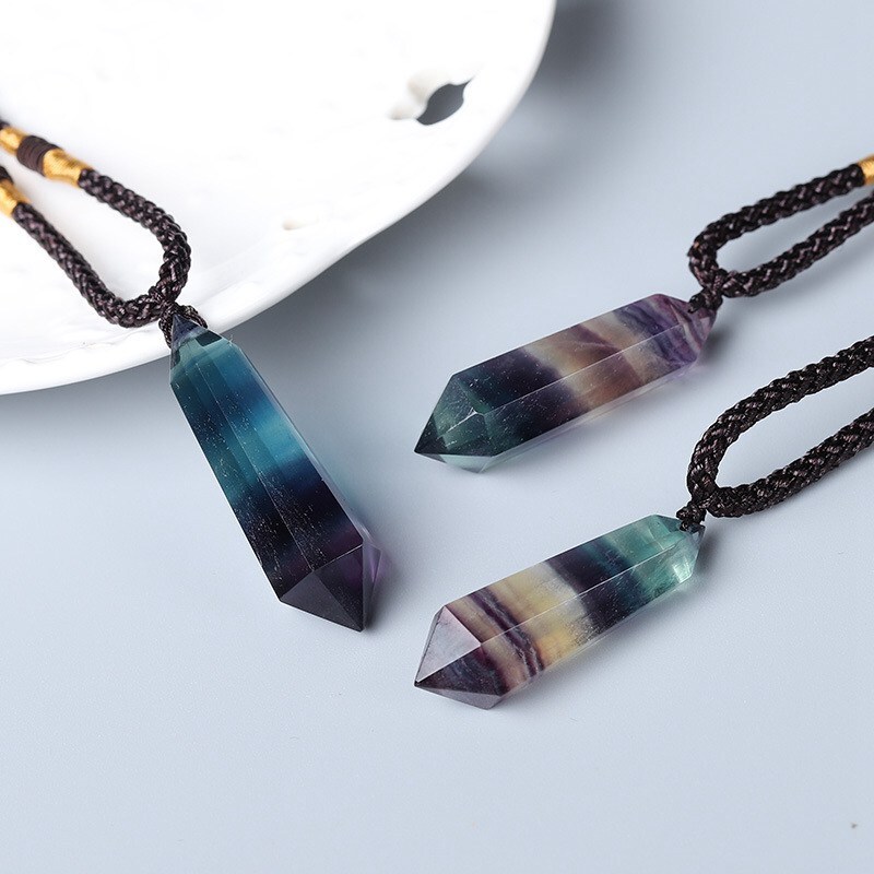 Natural Rainbow Fluorite Quartz Crystal Pendant Reiki Healing Gemstone Necklace