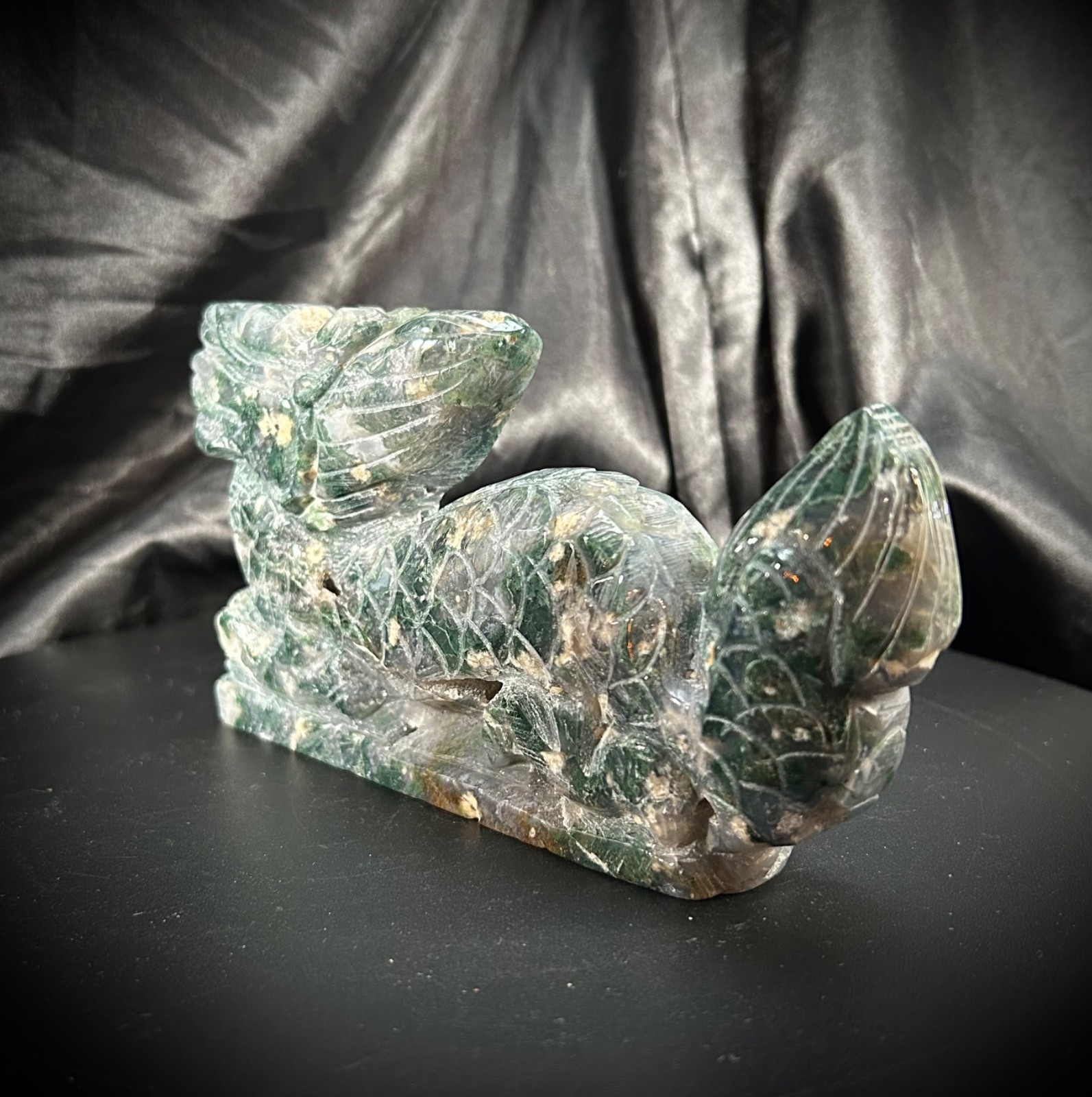 6.5″ Moss Agate Eastern Style Dragon Carving With Druzy All Over 1lb 10.7oz