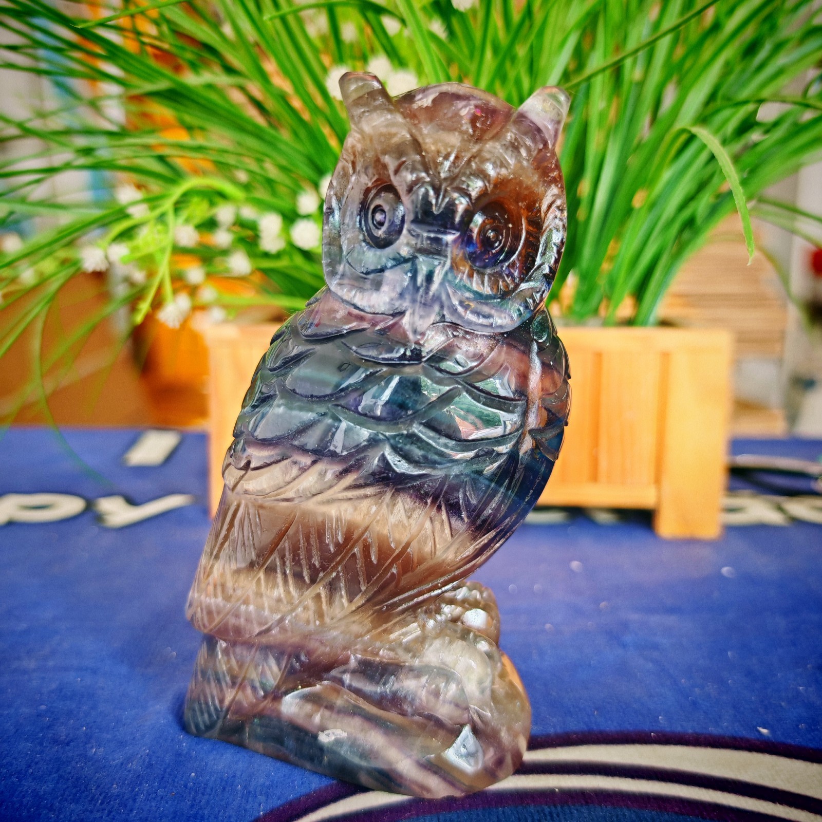 2.42LB Hand Carved Fluorite Owl Statue Unique Crystal Figurine Collect healing