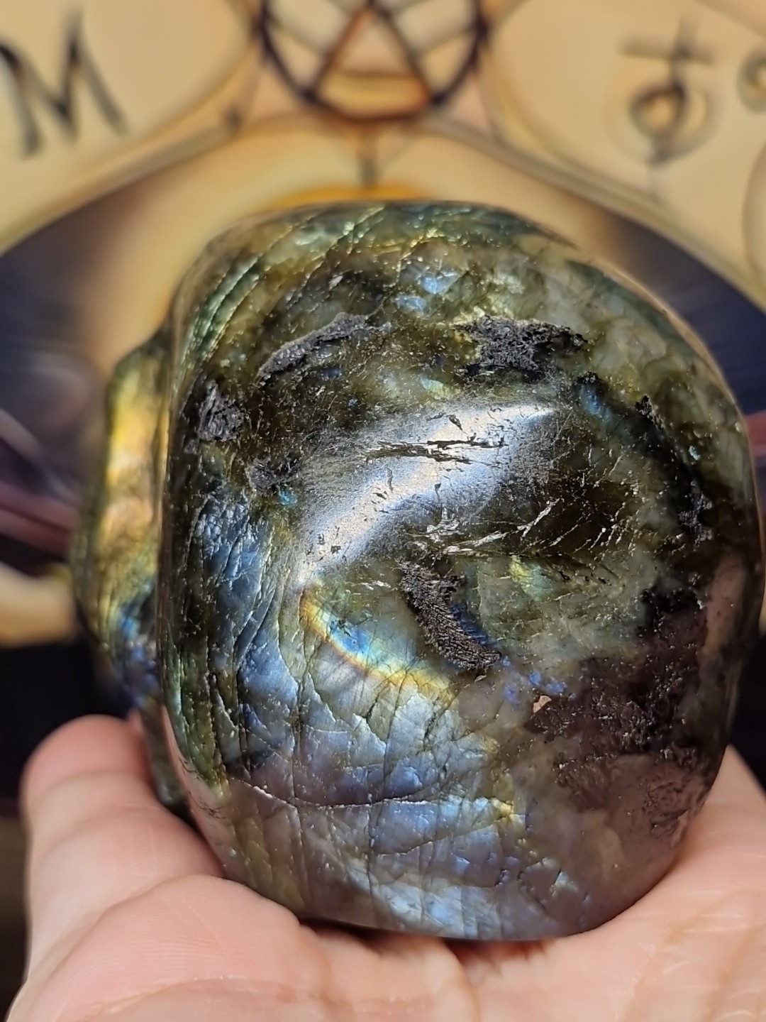 Dark Green Labradorite Crystal Human Skull Carving 84x62mm 436g