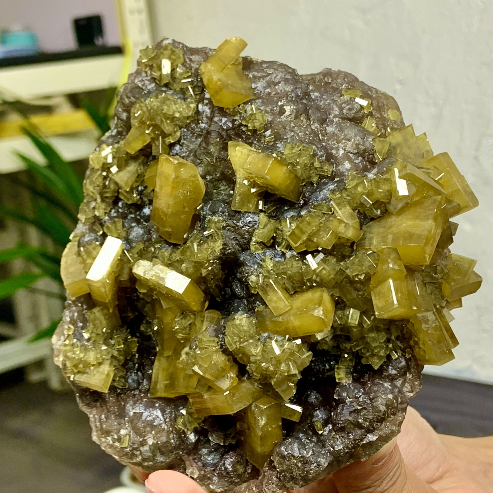2.76LB Shiny Golden Cuboid Barite Crystal Based on the Purple Spherical Fluorite