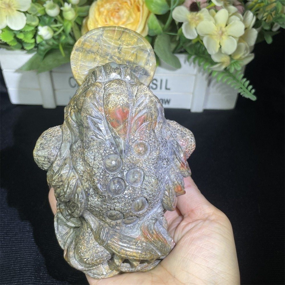 2.4LB 4.7″ Natural Creek Jasper Golden Toad Crystal Quartz Mineral Statue