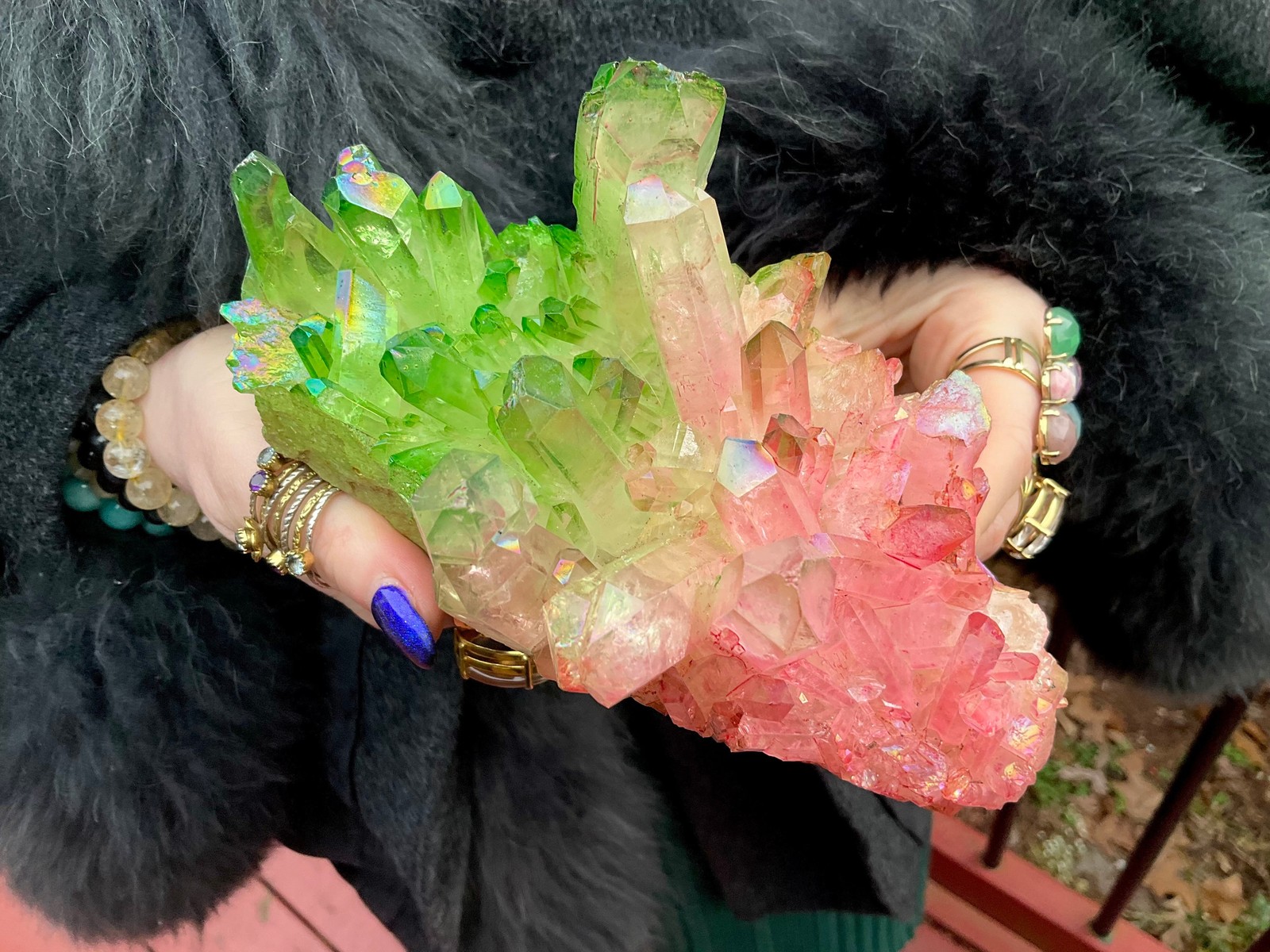Pink & Green Aura Quartz Crystal Cluster ~ 1 Lb. 14 oz. ~ 6 1/2″ Long ~ Sparkli