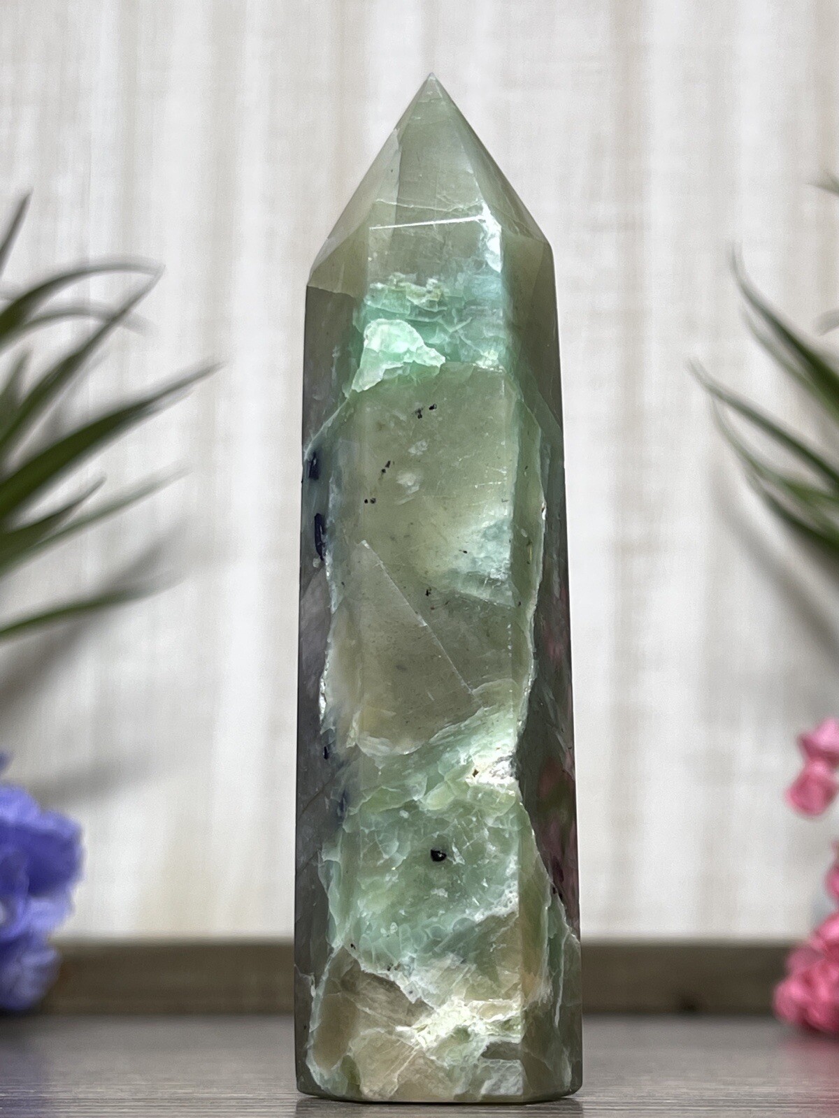 GREEN MOONSTONE TOWER – Blue Flash Garnierite Crystal Mineral Point Witch Wiccan