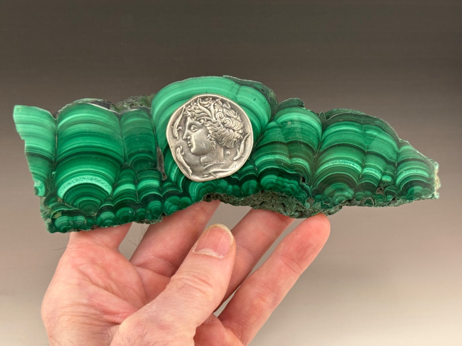 443 gr. Malachite Slab Sterling Silver Coin Paperweight Rock Art Sculpture
