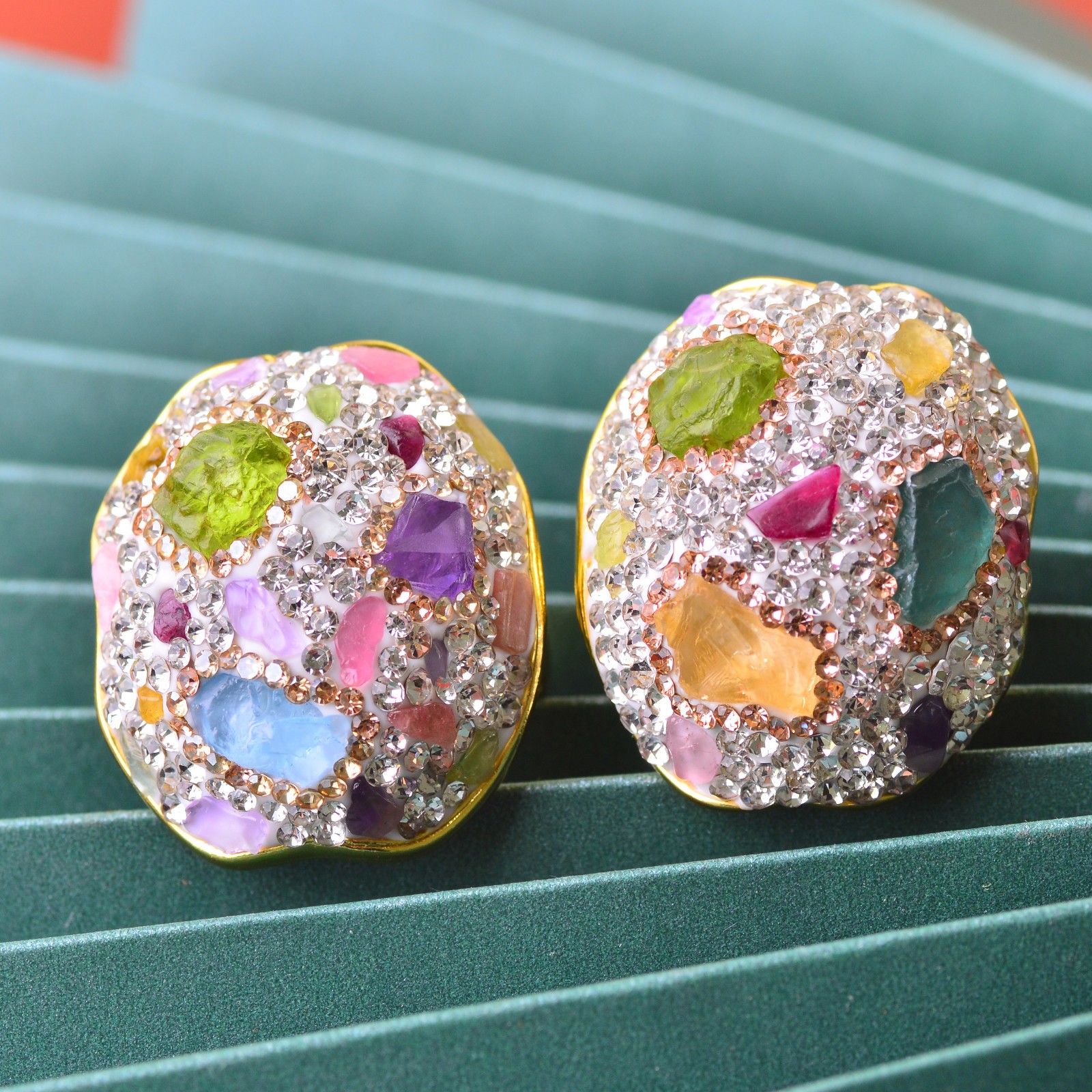 Crystal-encrusted gemstone ring alloy inlaid with handmade Energy Crystal