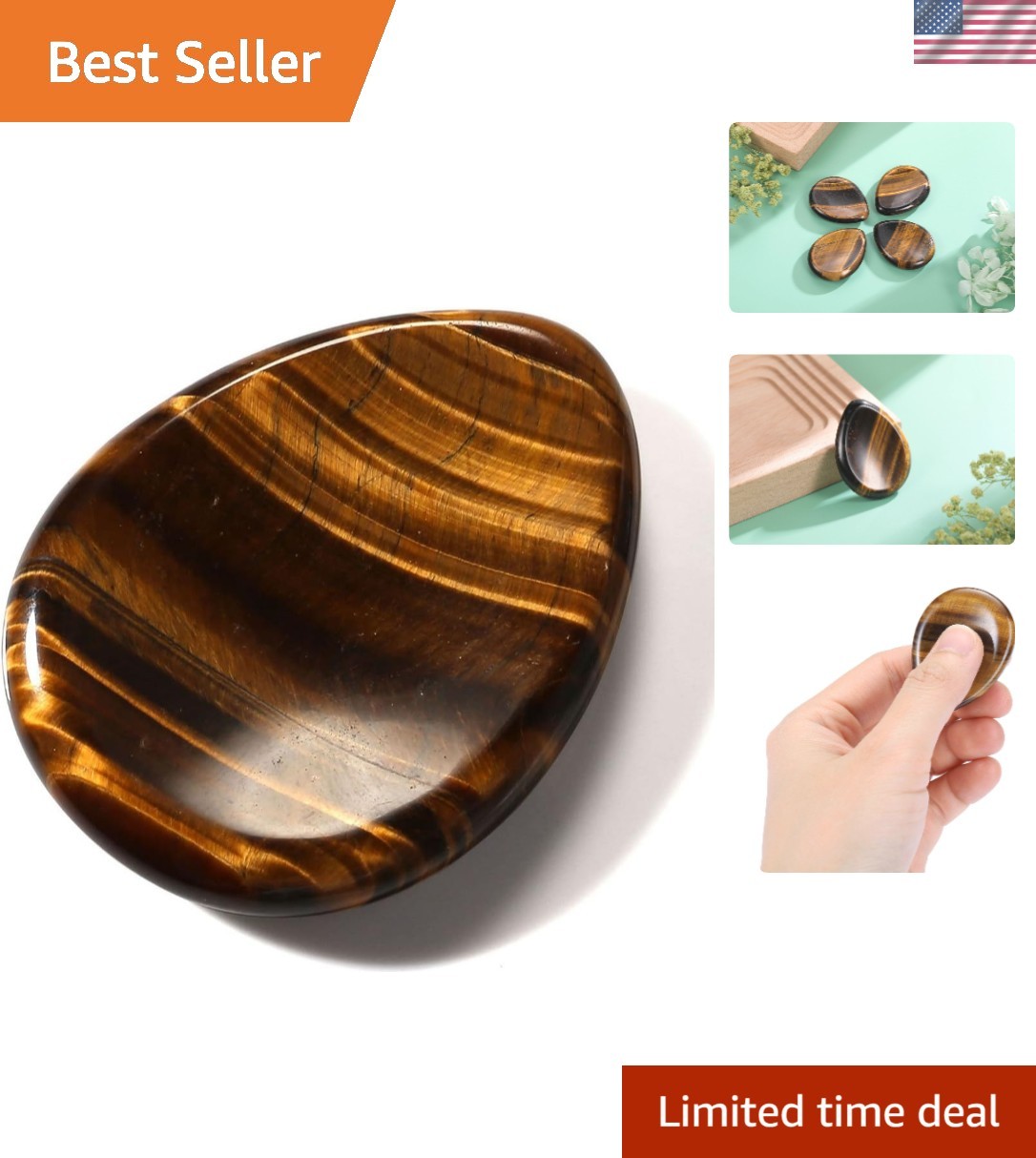 Smooth Tiger’s Eye Pocket Worry Stone – 1 Count Gemstone for Stress Relief