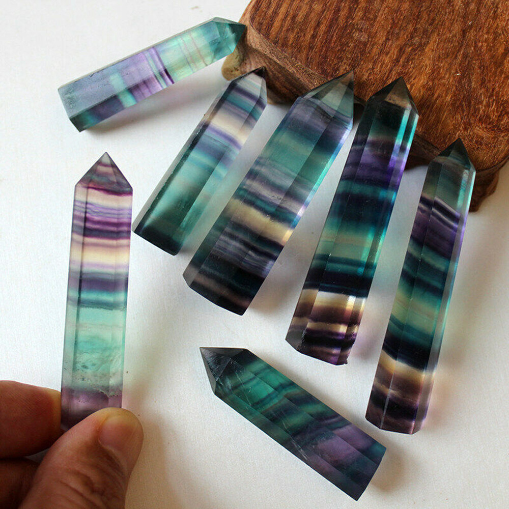10PCS Rare Natural Rock Fluorite Quartz Crystal Stone Point Healing Wand Obelisk