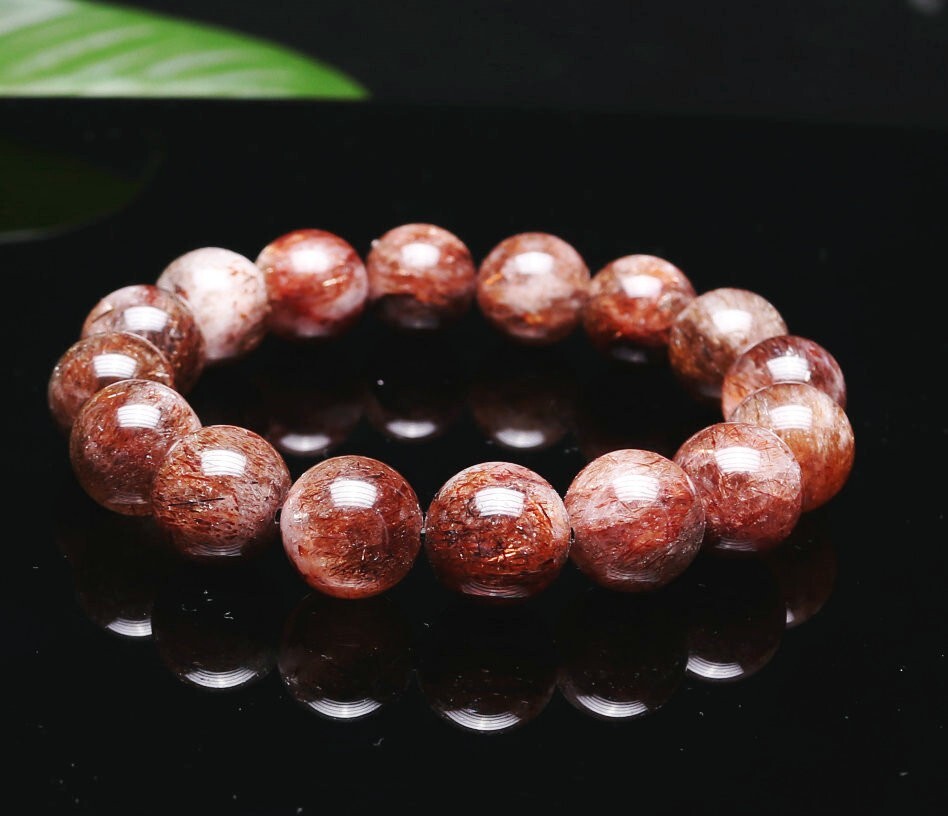 13mm Natural Red Copper Rutilated Quartz Stretch Crystal Beads Bracelet 1369