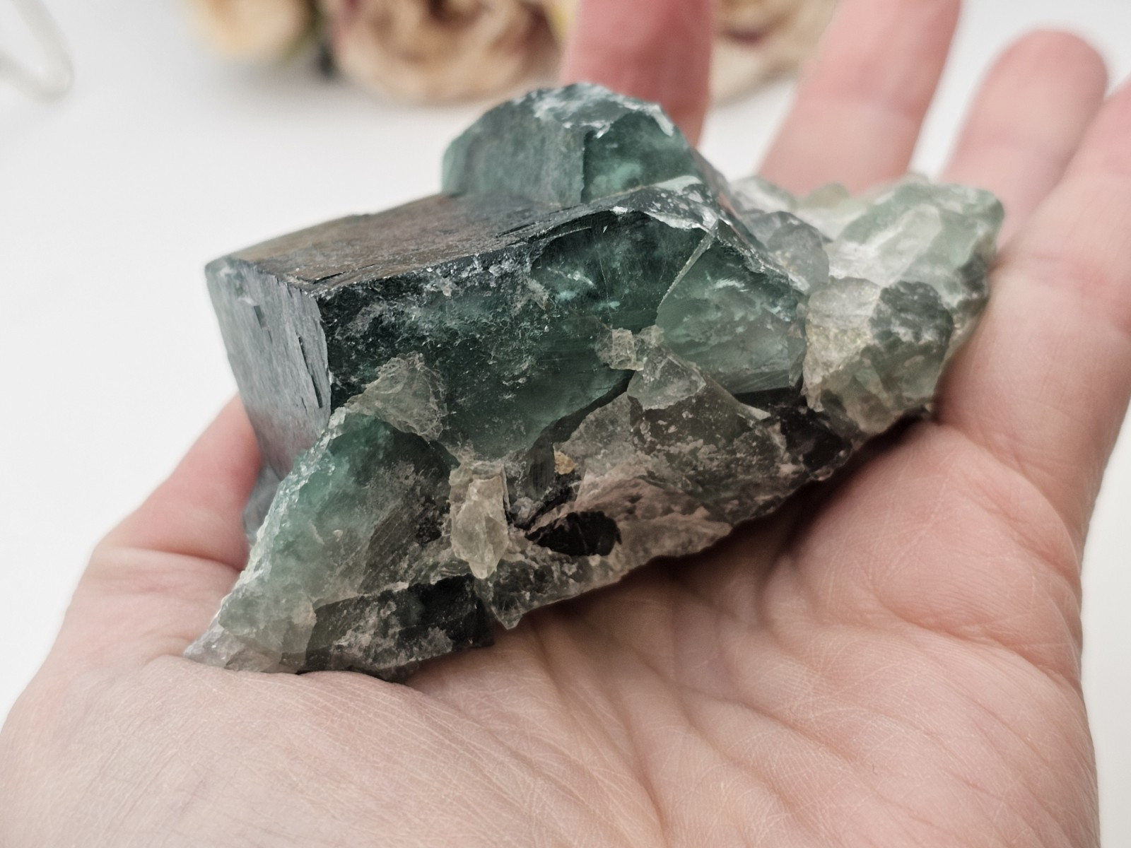 Green Teal Cubic Fluorite Specimen Rare crystal Raw 197g 7.8cm Blue