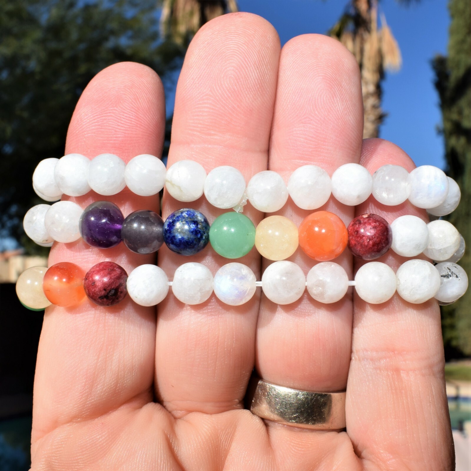 CHARGED Moonstone & 7 Chakra Crystals Stretchy Bracelet + Selenite Puffy Heart