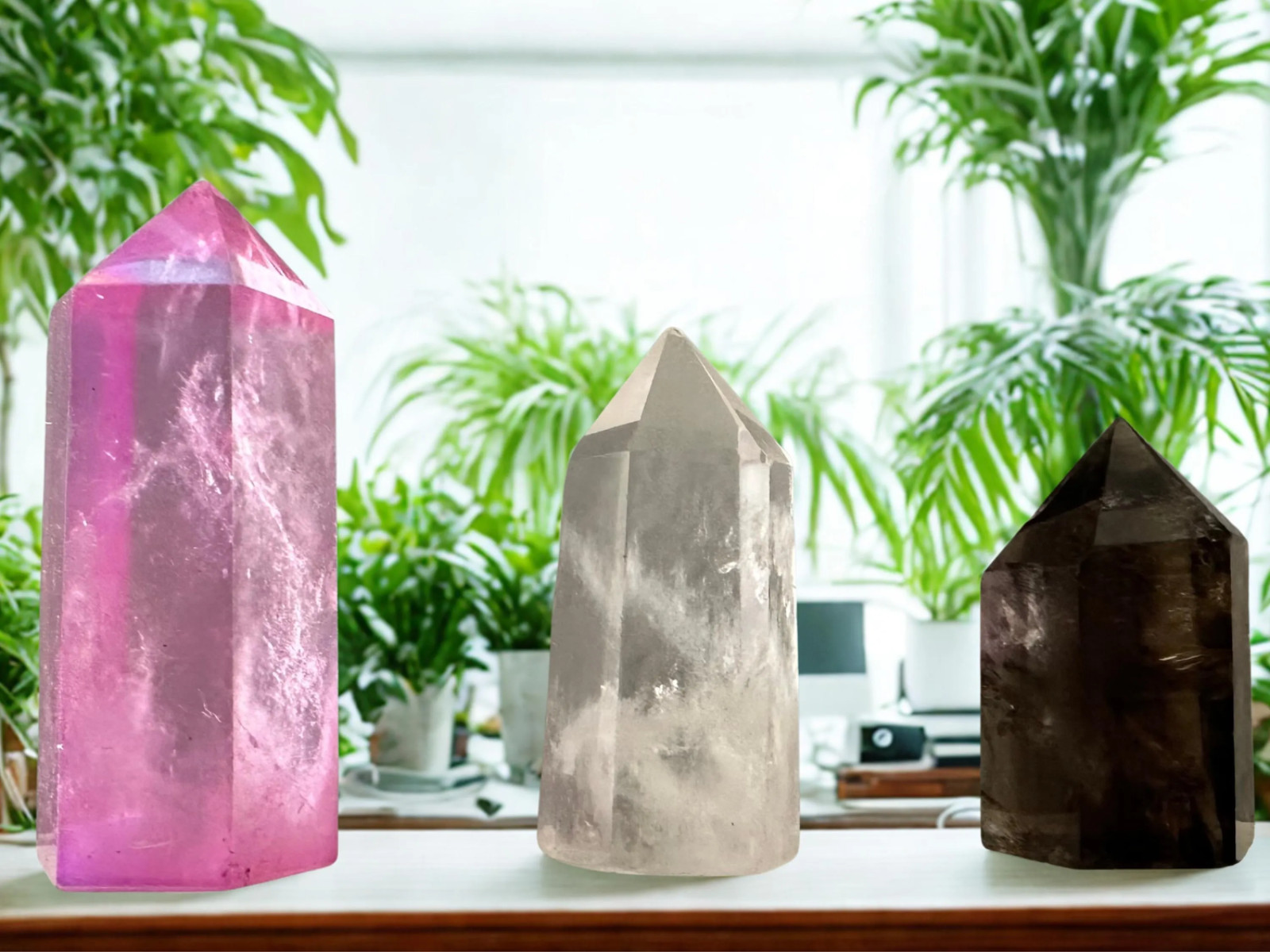 Desk Crystal Set: Selenite, Clear, Smoky, Pink Aura Quartz Towers