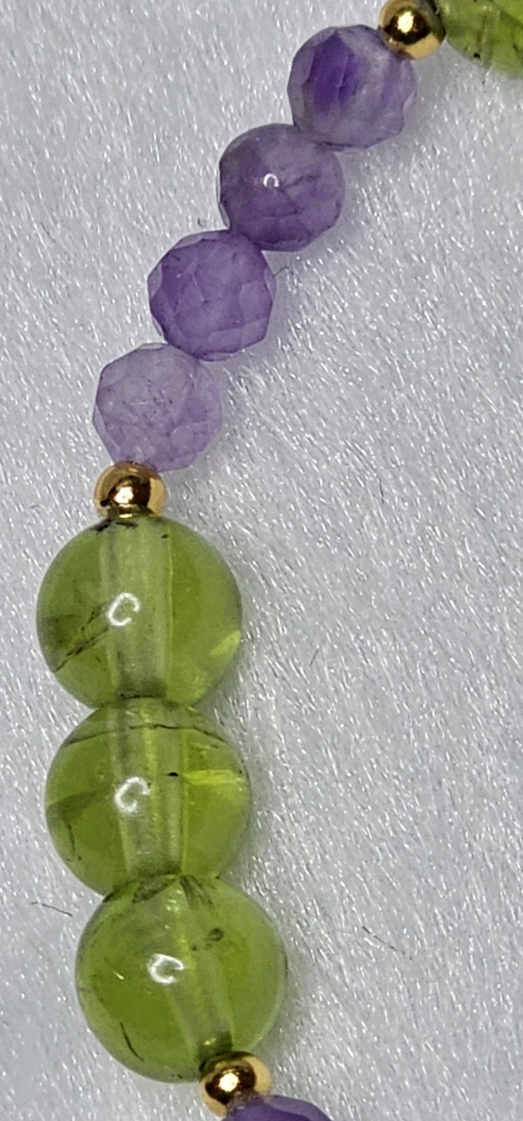 Peridot Crystal Bracelet 7mm Beads with Amethyst S925 Spacers 7 Inches Length