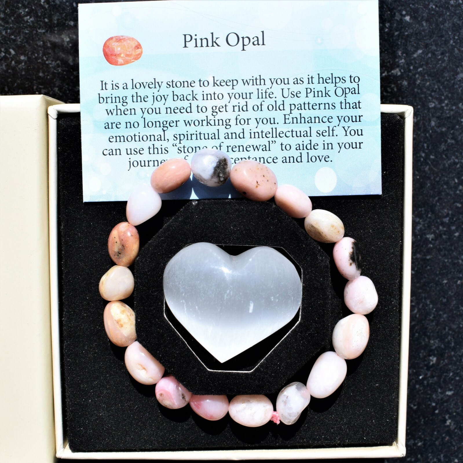 Charged Natural Pink Opal Crystal Nugget Bracelet + Baby Selenite Puffy Heart