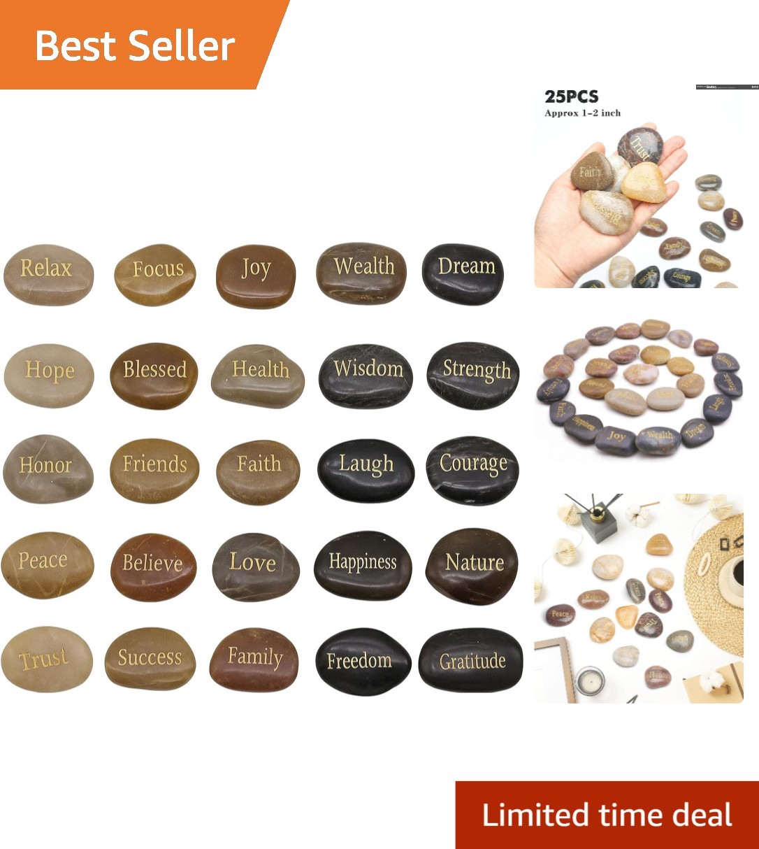 Encouragement Stones Gift Set – 25 Unique Engraved Rocks for Home & Office Decor