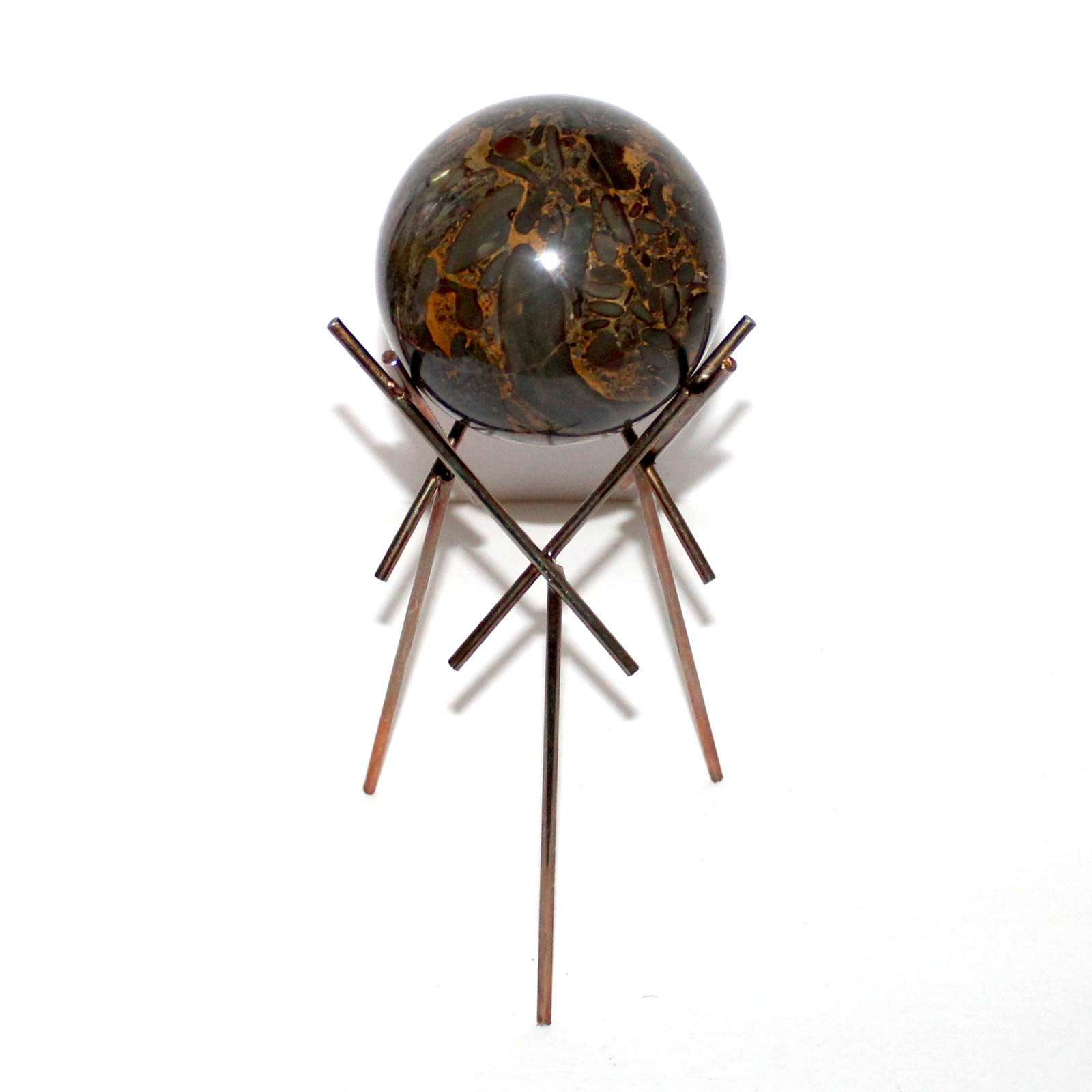 Vintage Bamboo Jasper Sphere 4” on brass Stand MCM decor stone ball 3lb 9oz