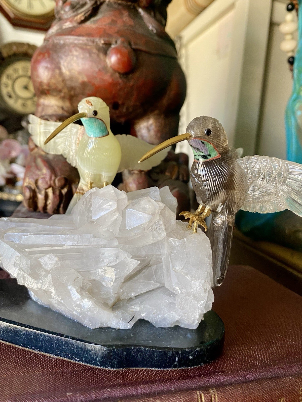 Peter Muller Hand Carved Smokey Quartz, Marble, Quartz Hummingbirds On Quartz