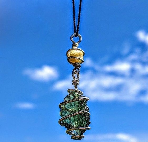 MOLDAVITE & RHODIZITE NECKLACE! Wire Wrap 925 Silver Crystal Meteorite Pendant