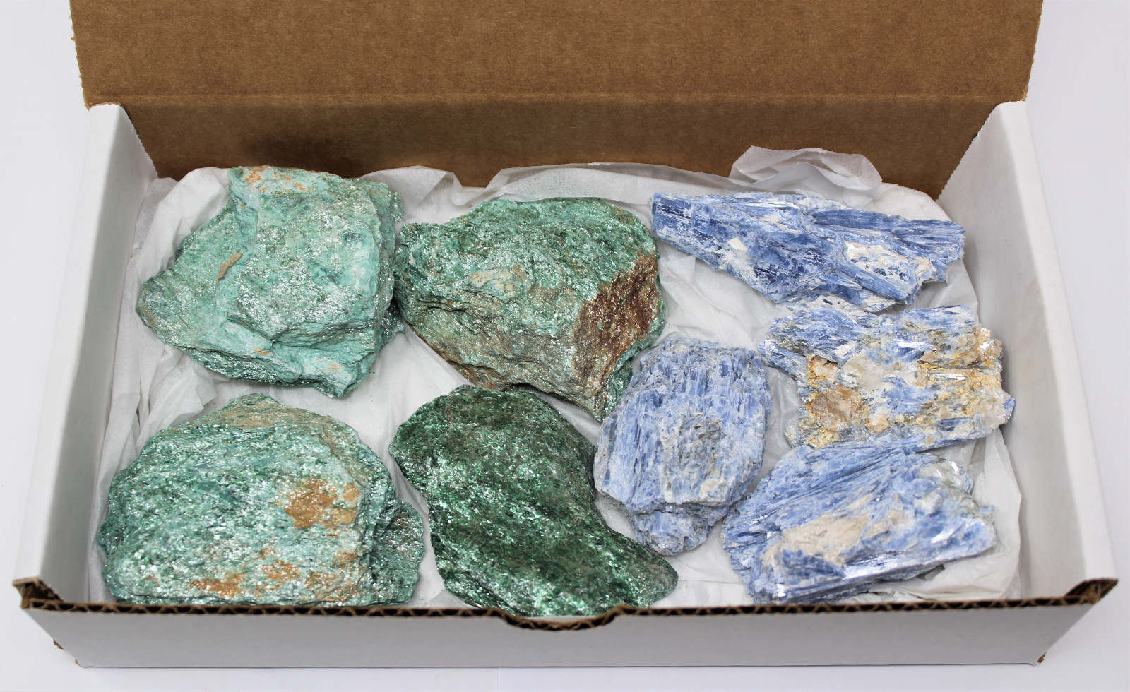 Bulk Large Blue Kyanite in Matrix / Fuchsite Crystal Chunks: (8 – 10 Piece Box)