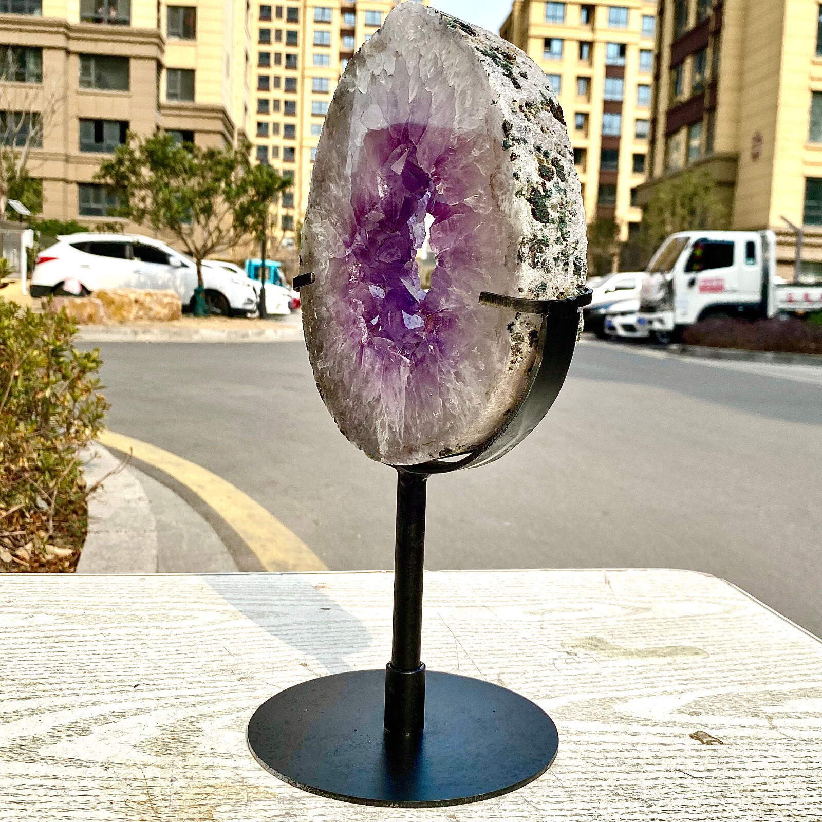 4.29LB Natural Amethyst Cave Crystal Slice Crescent shaped Hand Cut Repai