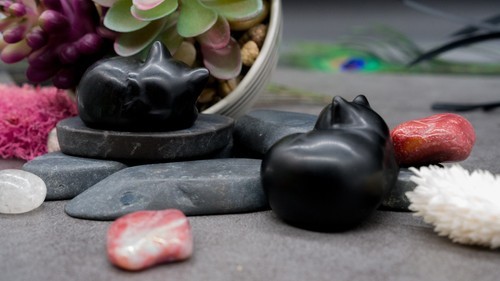 Obsidian Crystal Sleeping Cat Carving Stone Healing Protection Pet Trinket Decor