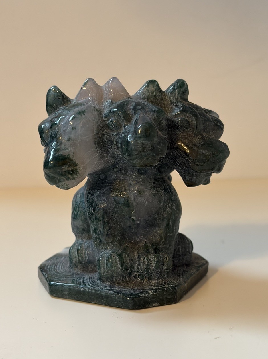 Moss Agate Cerberus Small Statue