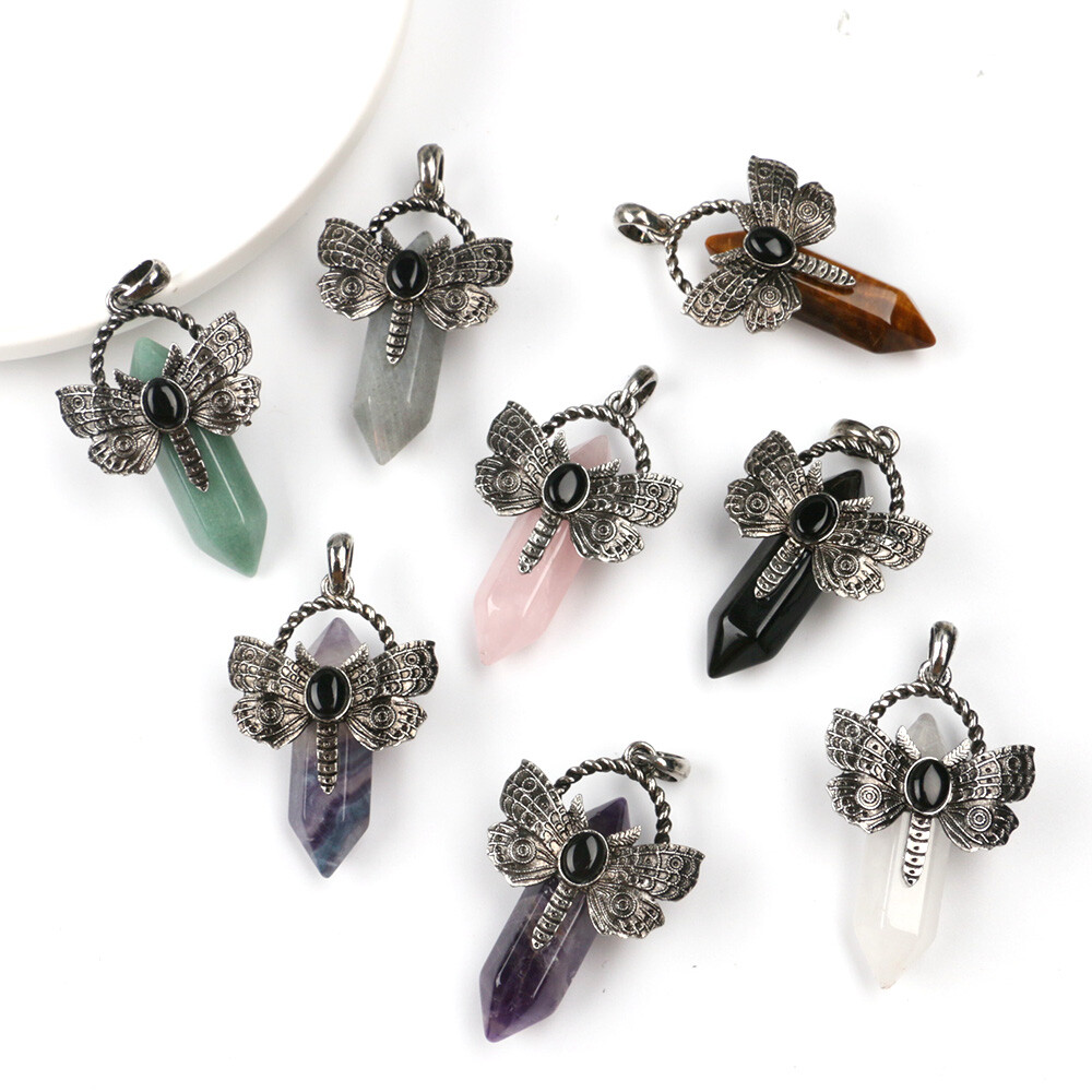1pc Chakra Crystal Moth Dragonfly Pendants Obsidian Bead Gemstone Point Wand DIY