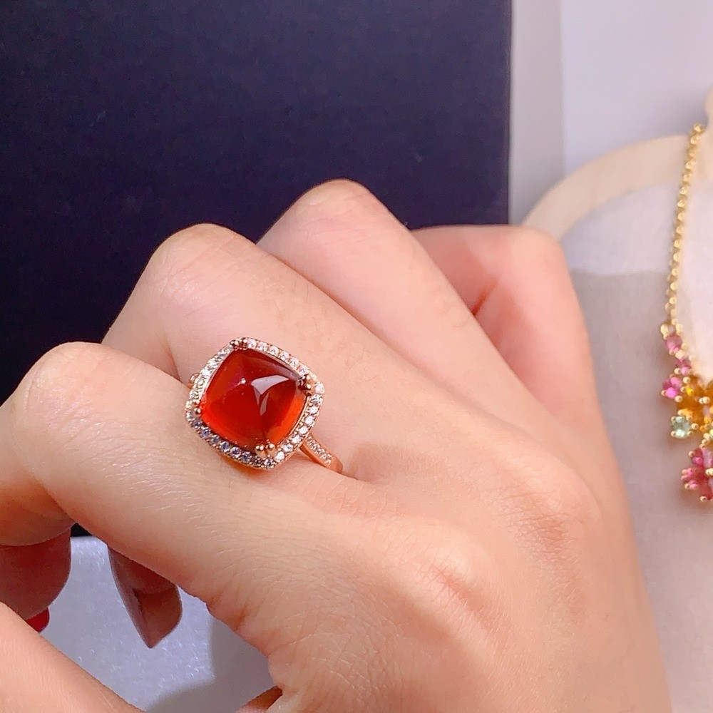 Natural Red Garnet Adjustable Ring Gemstone Jewelry S925 Silver Plated 18K Gold