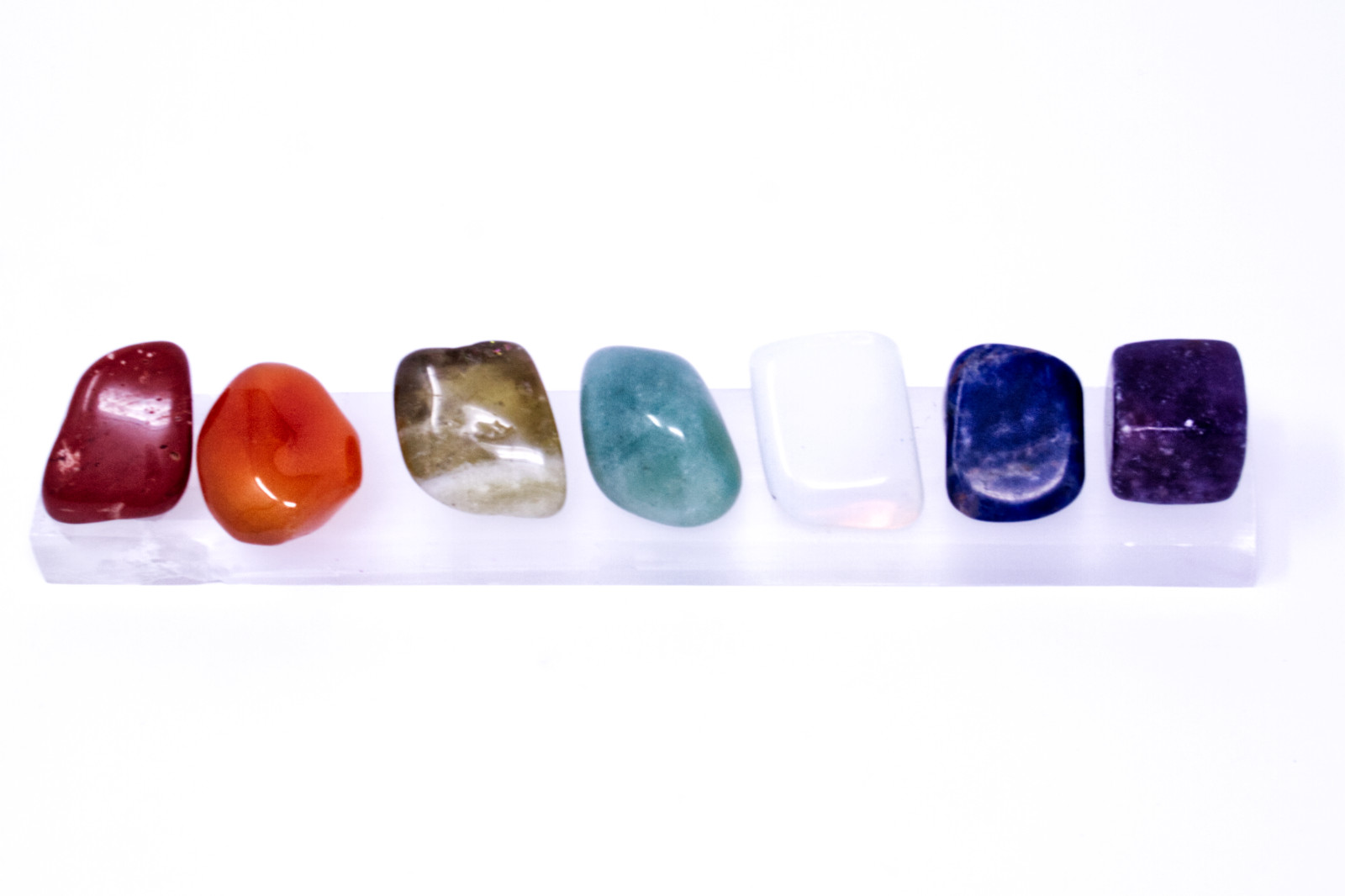 Chakra Crystal Clearers Set: Raw Crystals, Selenite, Triangle Display