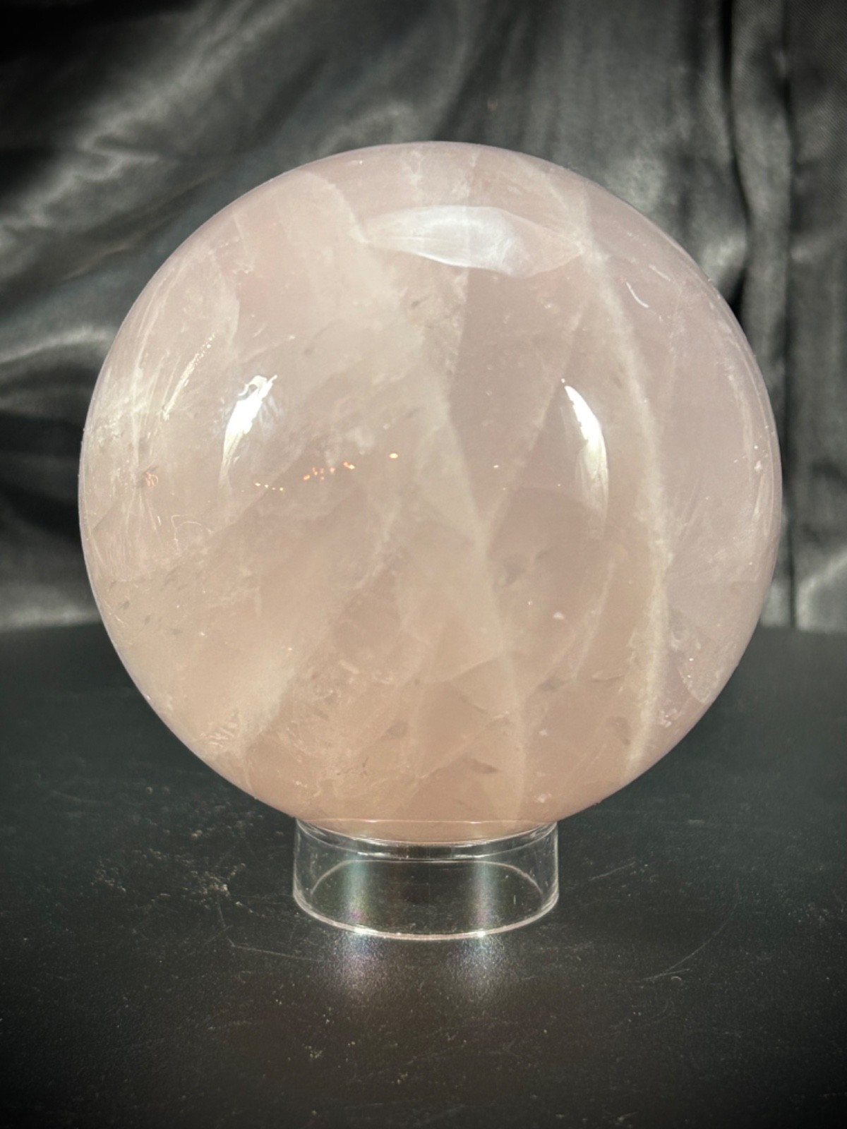 3.17″ Flashy Rose Quartz Sphere With Acrylic Stand 1lb 9.4oz (718 grams)