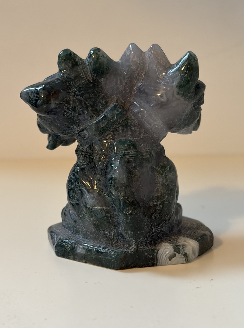 Moss Agate Cerberus Small Statue