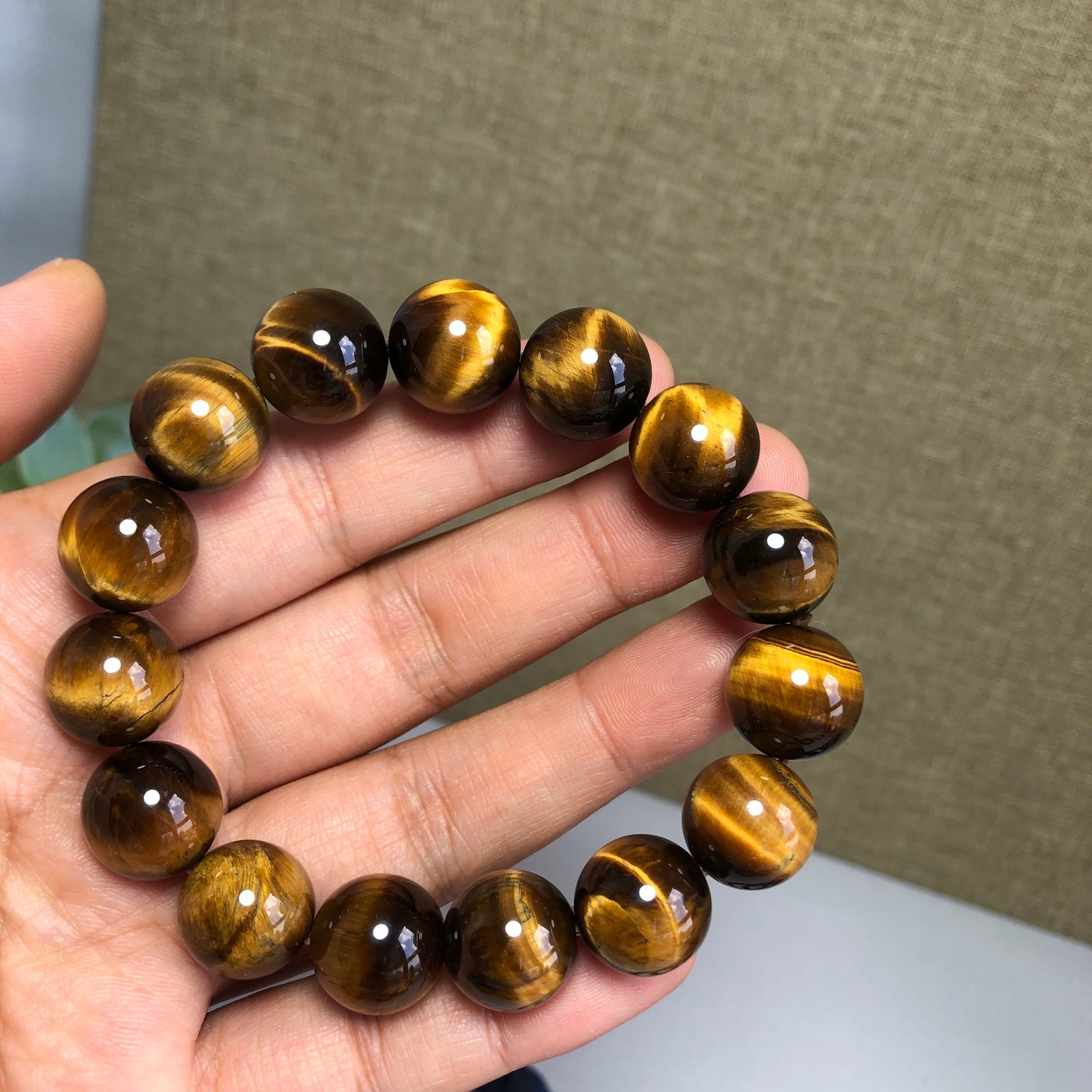14mm Natural yellow tiger eye Crystal Quartz chain beads bracelet 58.3g g7637