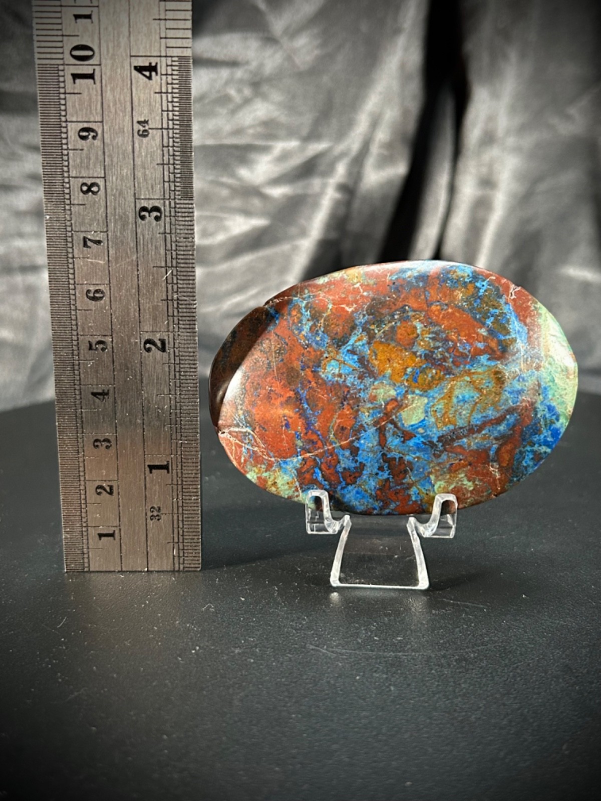 2.96″ Shattuckite Large Palmstone With Acrylic Stand 4.3oz (124 grams)