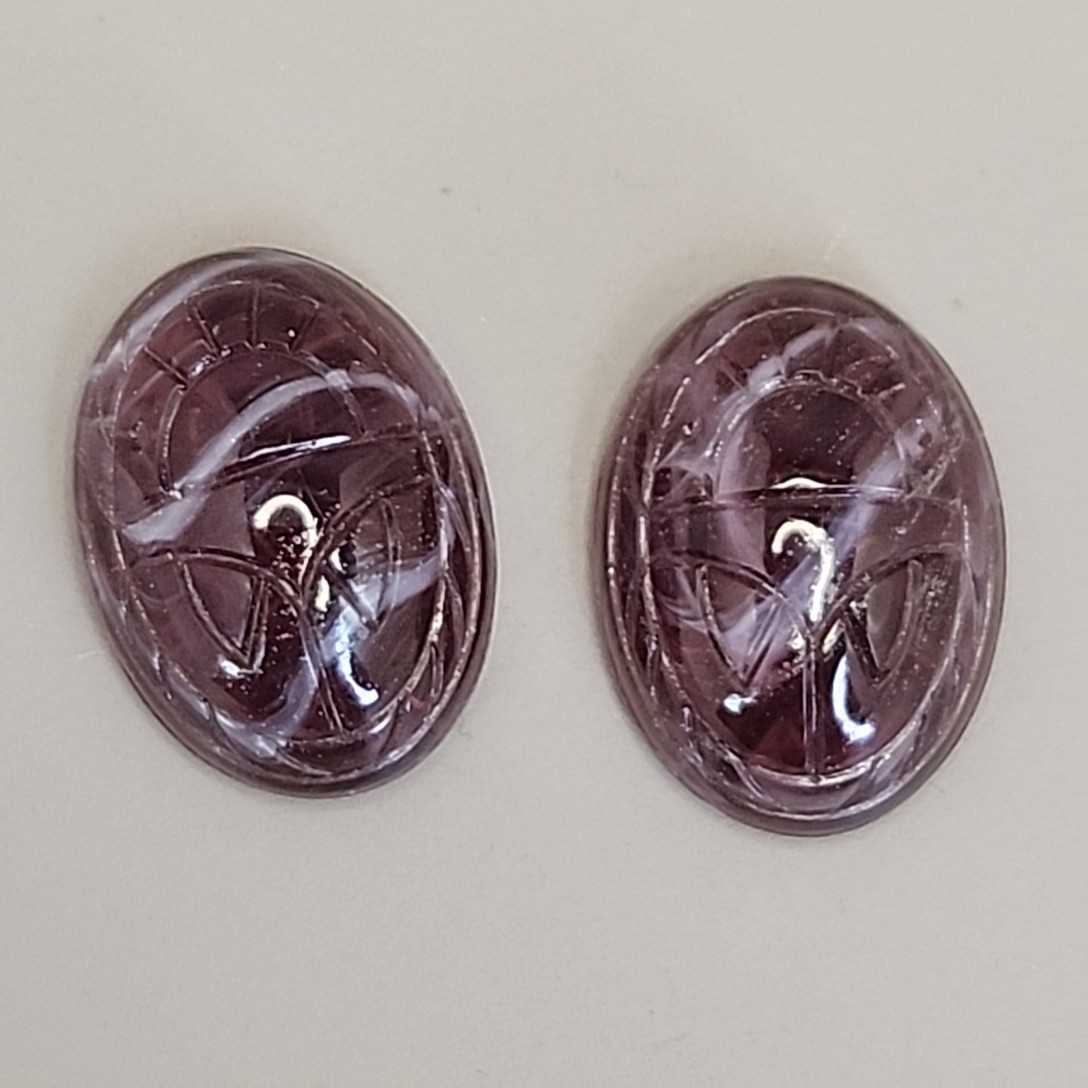 Carved Scarab Glass Gem Lot of 2 Purple Swirl Oval Egyptian Revival 25mm x 18mm