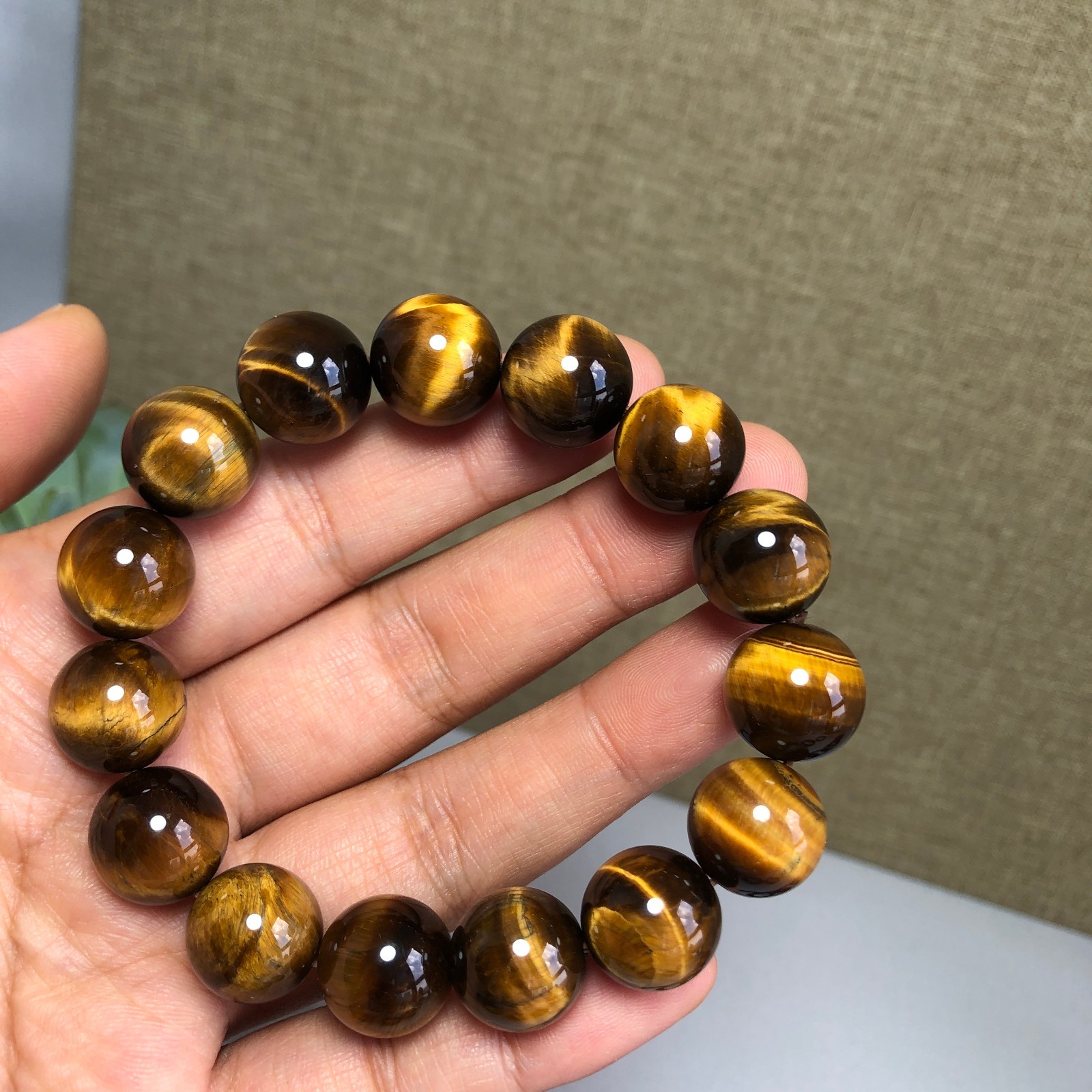 14mm Natural yellow tiger eye Crystal Quartz chain beads bracelet 58.3g g7637