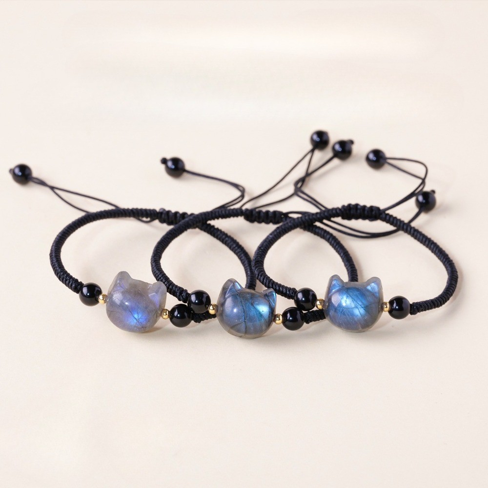 Natural Labradorite Faceless Cat Hand Braided Bracelet Reiki Healing Fashion 1pc