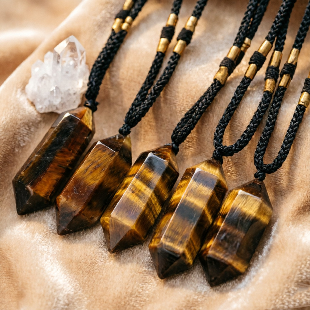 Natural Tiger’s Eye Double Point Crystal Pendant Necklace Healing Stone Unsex