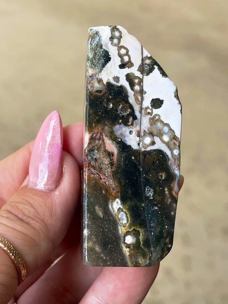 Natural Old Stock Orbicular Ocean Jasper Freeform Crystal Slice