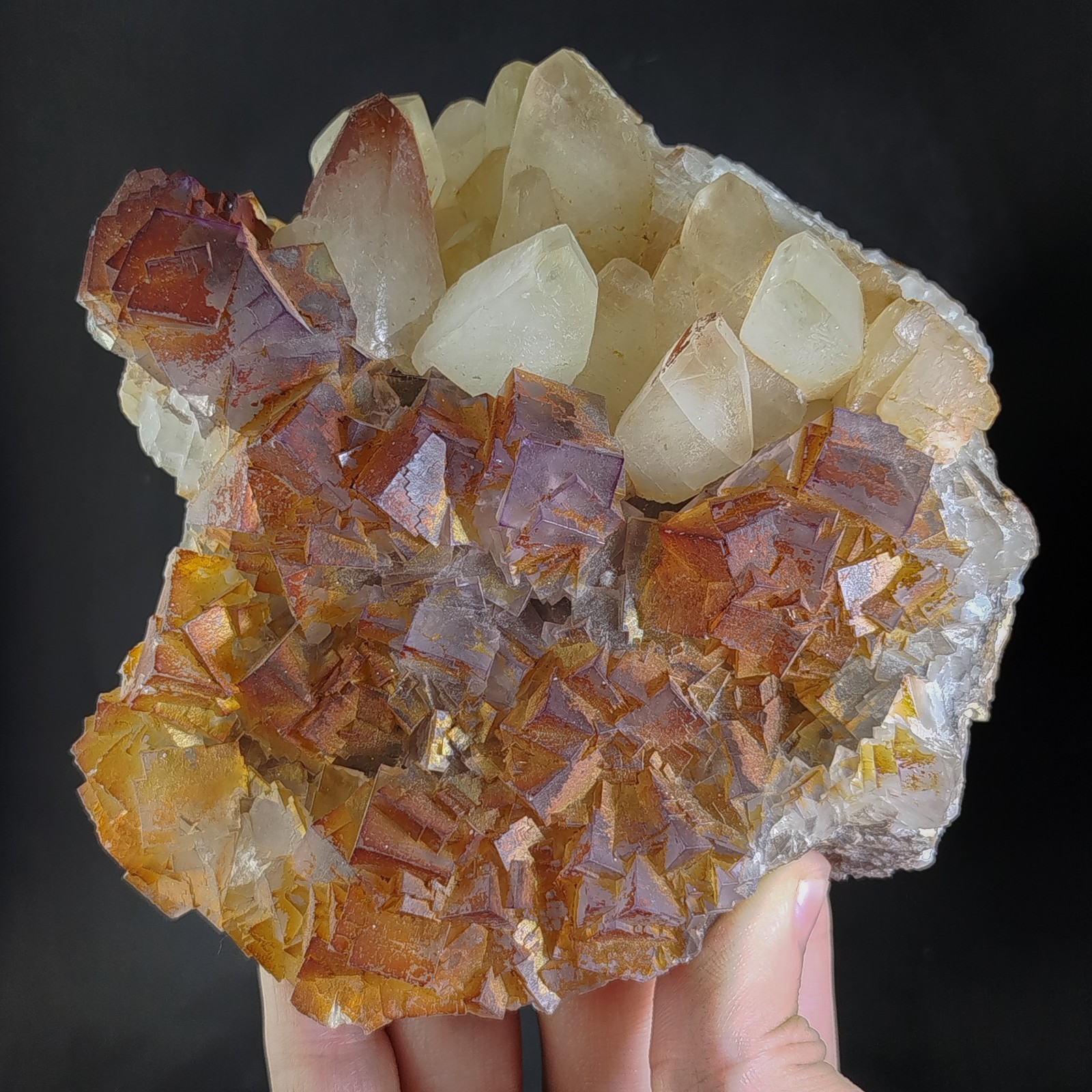 1.1kg Natural Cubic Iridescent Fluorite With Calcite Crystal Mineral Specimen