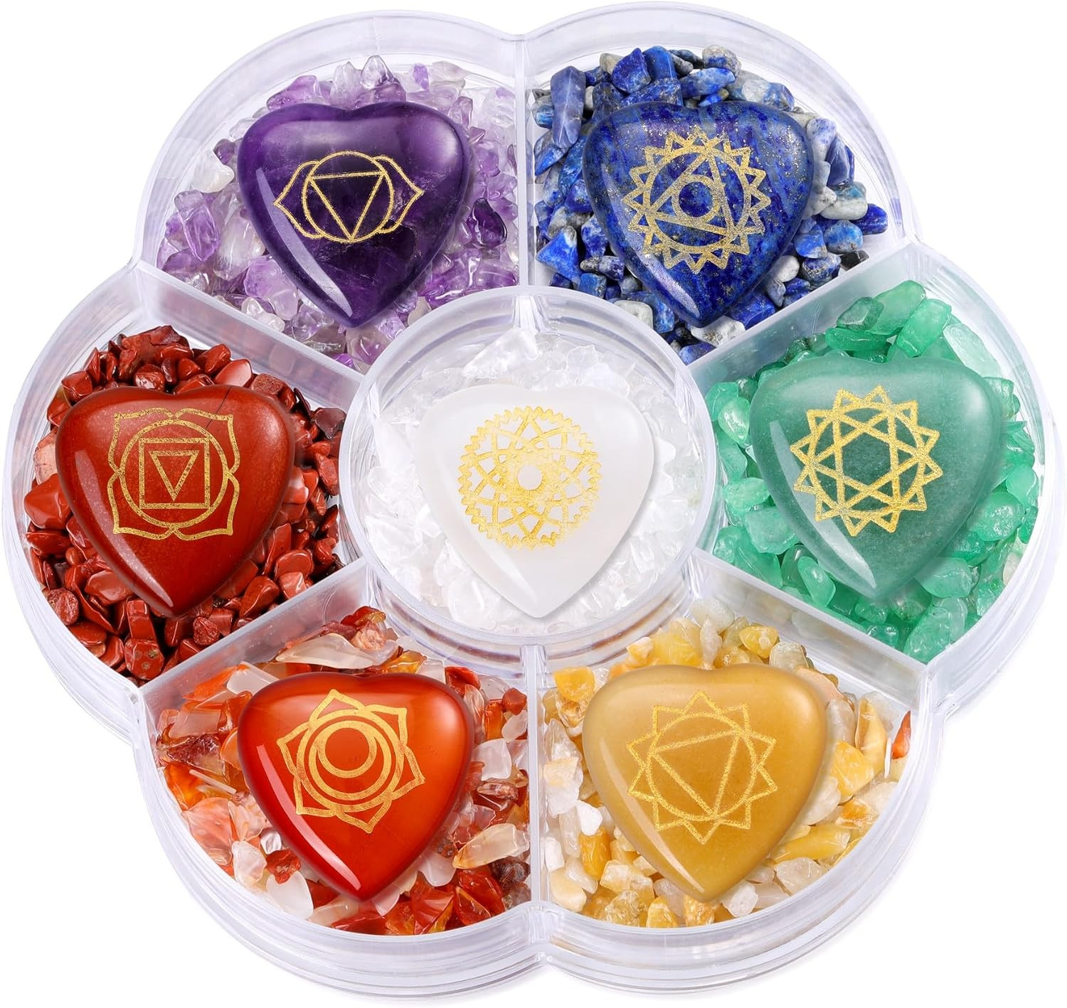 7 Chakra Crystal Stones Set Engraved Symbols Tumbled Polished Reiki Wicca Gift