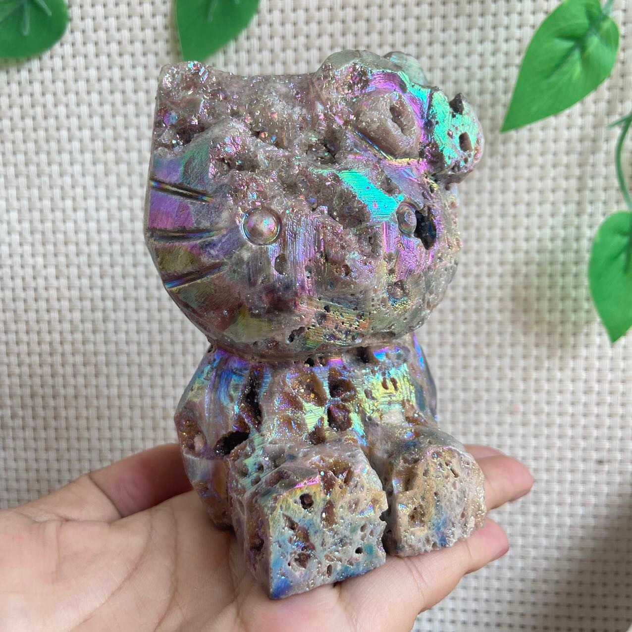 470g Druzy Sphalerite Hello Kitty Cat Carving Titanium Angel Aura Quartz Crystal