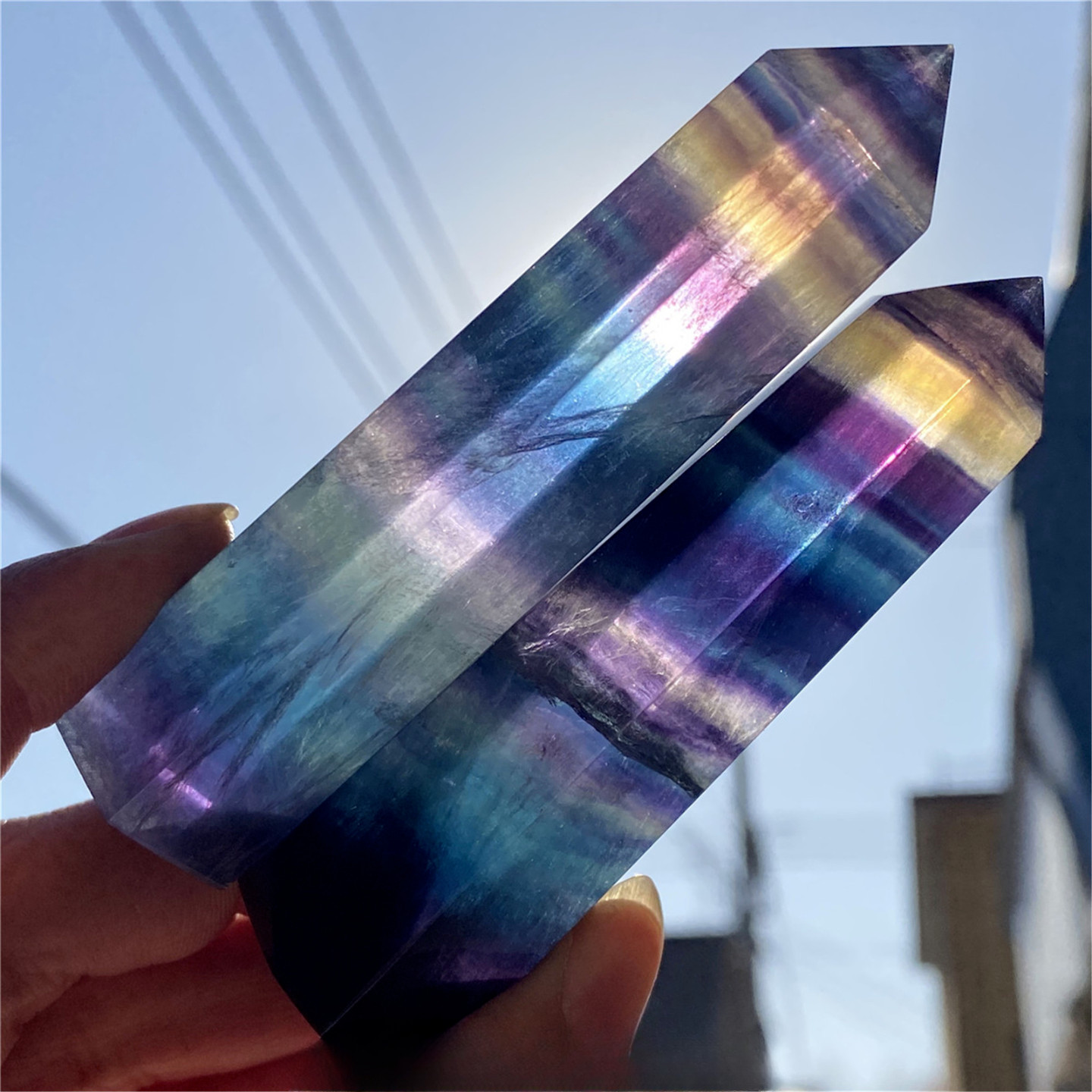 Natural Rainbow Fluorite Healing Crystal Tower Point Obelisk Mineral Specimens