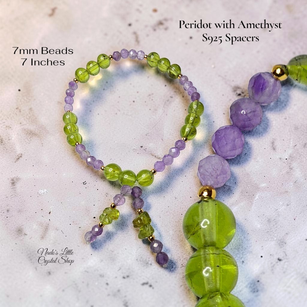 Peridot Crystal Bracelet 7mm Beads with Amethyst S925 Spacers 7 Inches Length