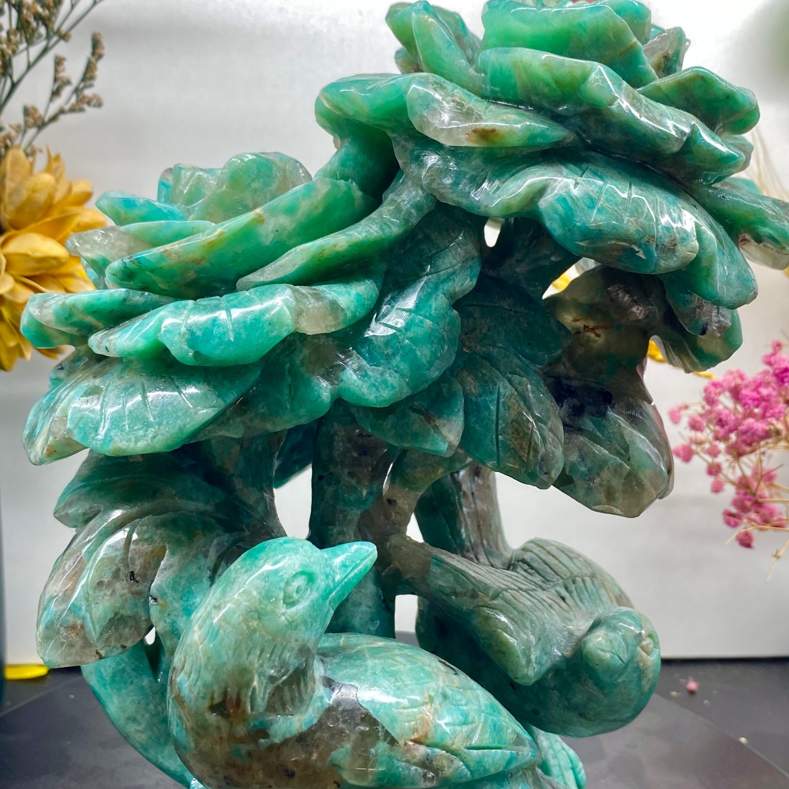 6.4LB Natural jade carvings flowers birds magpies crystal spiritual energy