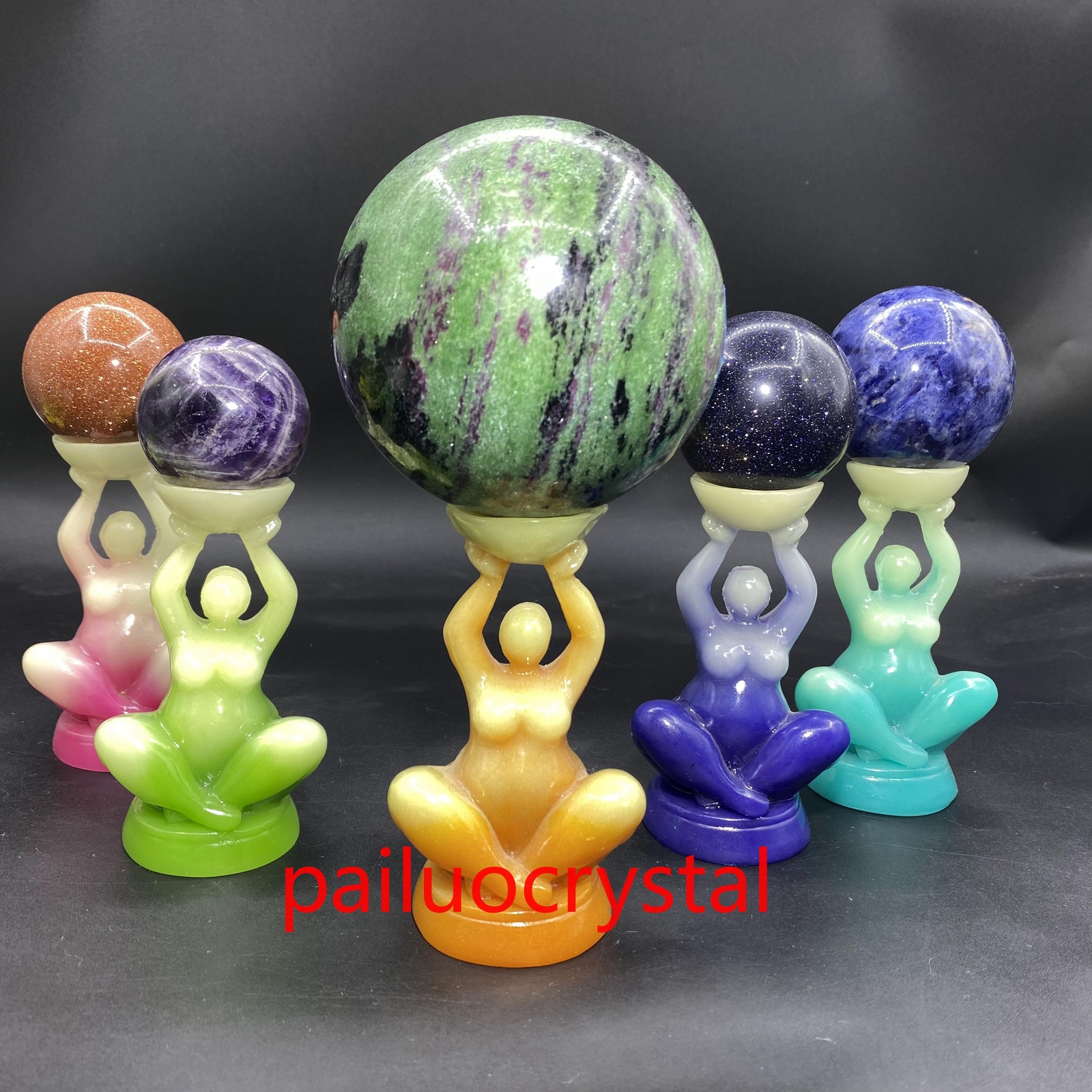 4″ Green Luminous Stone +resin Women Quartz Crystal Skull Goddess Base 1pc