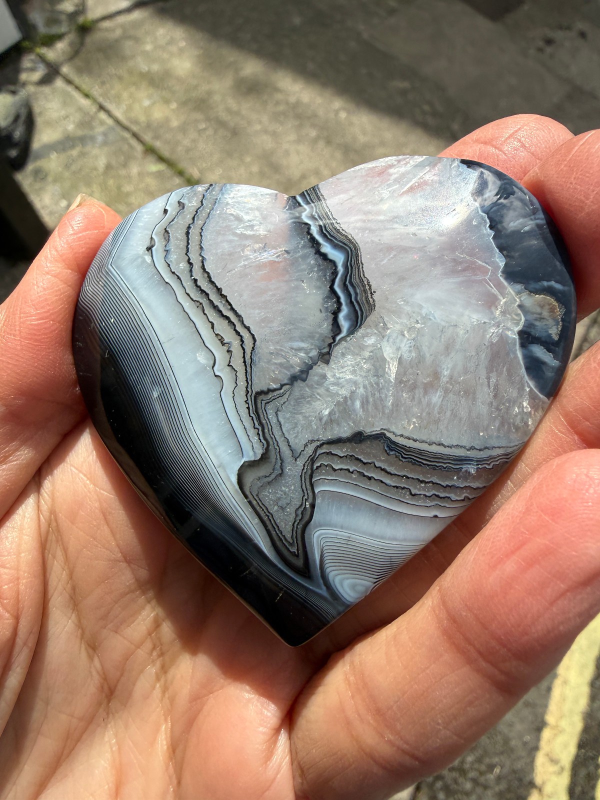 Black and clear banded Botwana Agate Natural Crystal Heart Polished Success 83g
