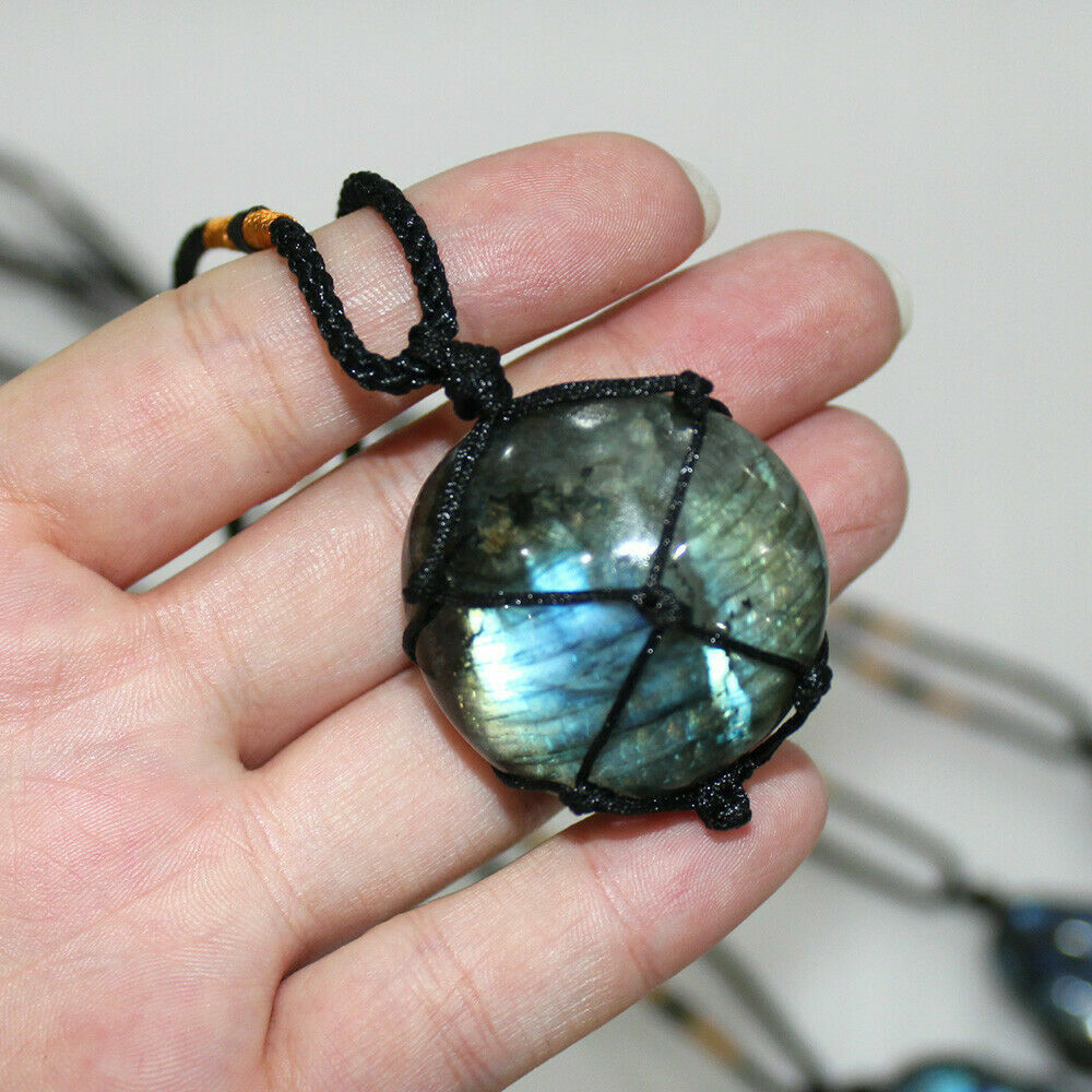 Wrap Women Mens Natural Stone Necklace Labradorite Pendant Crystal Moonstone US